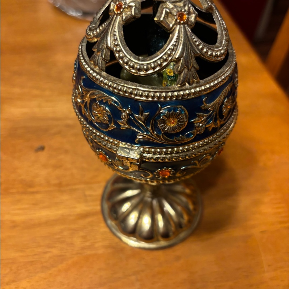 Elegant Blue and Gold Decorative Egg with Stand